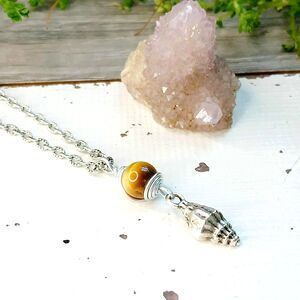 Tigers Eye Crystal Choker Necklace, Gemstone Jewelry, Shell Seashell, 14"